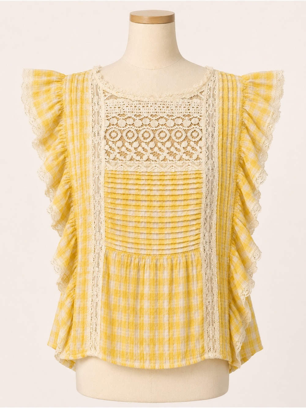 Free People Yellow Gingham Cotton Lace-Trim Flutter Sleeve Top Blouse Size 10